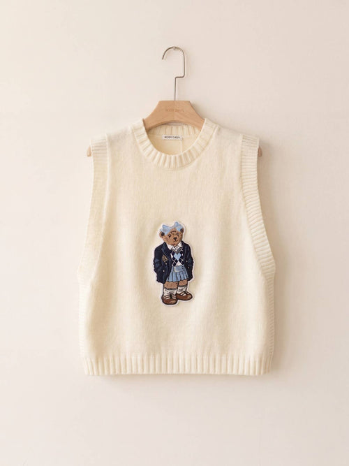 Ärmelloser Pullover mit aufgenähtem Teddybär Ecru