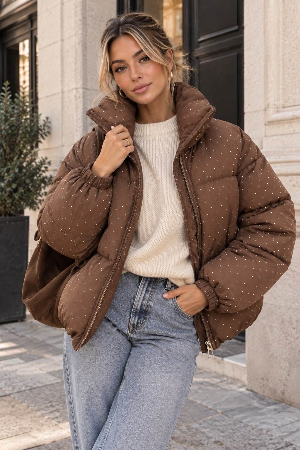 Pufferjacke Herbst Winter Glitzer Strasssteine