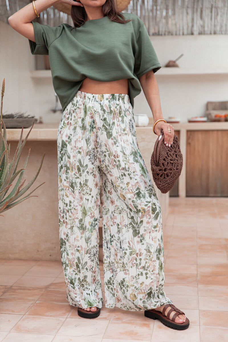 Plissee Hose mit Blumen Khaki