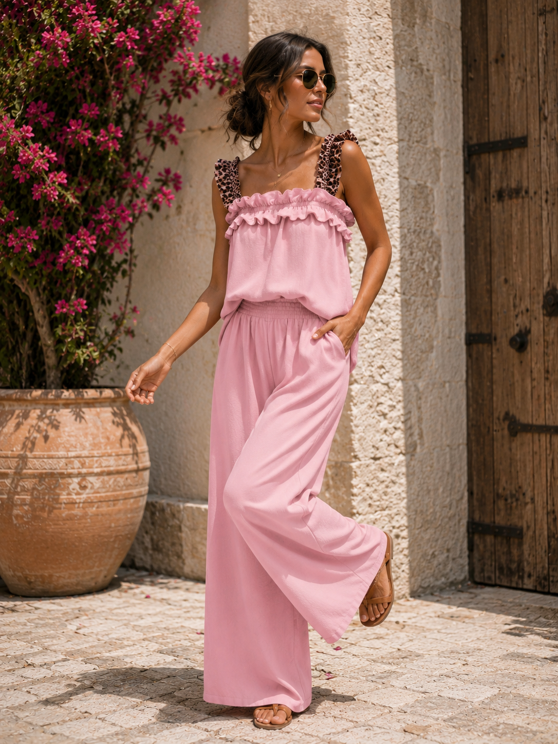 Viskose Set, Zweiteiler mit Leodetails rosa