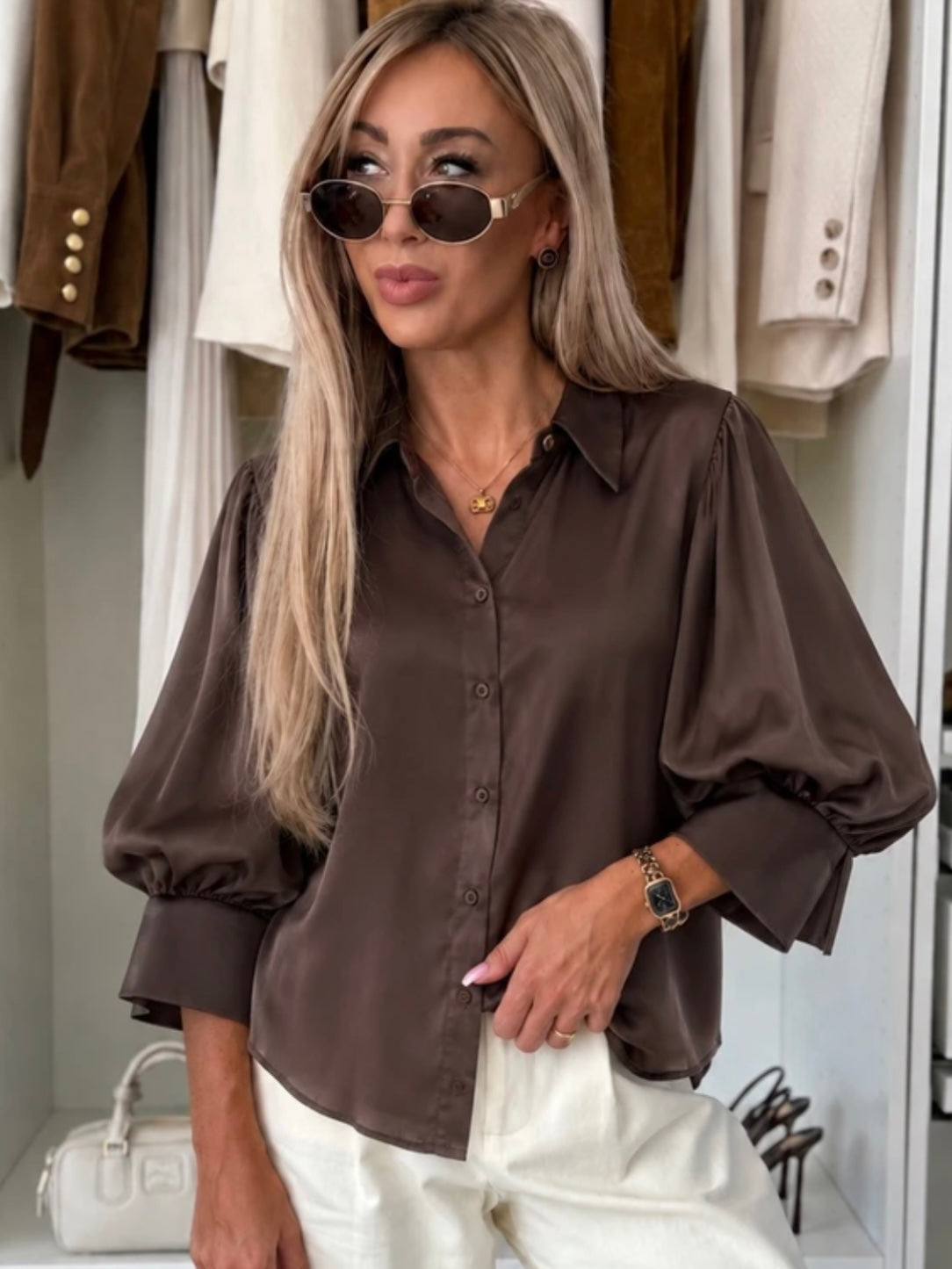 Bluse 3/4 Arm braun satin Optik