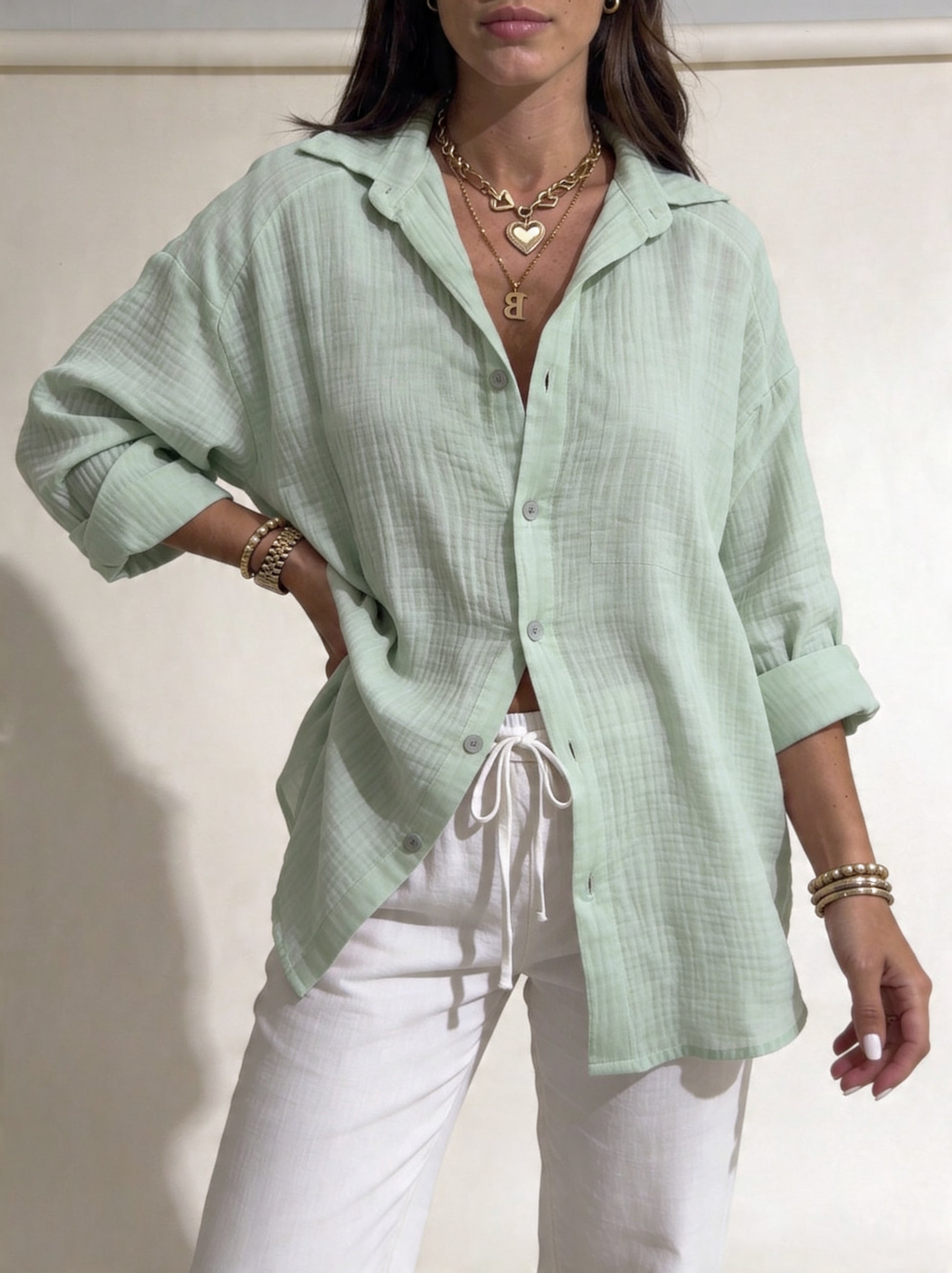 Oversize Musselin Bluse lang, grün