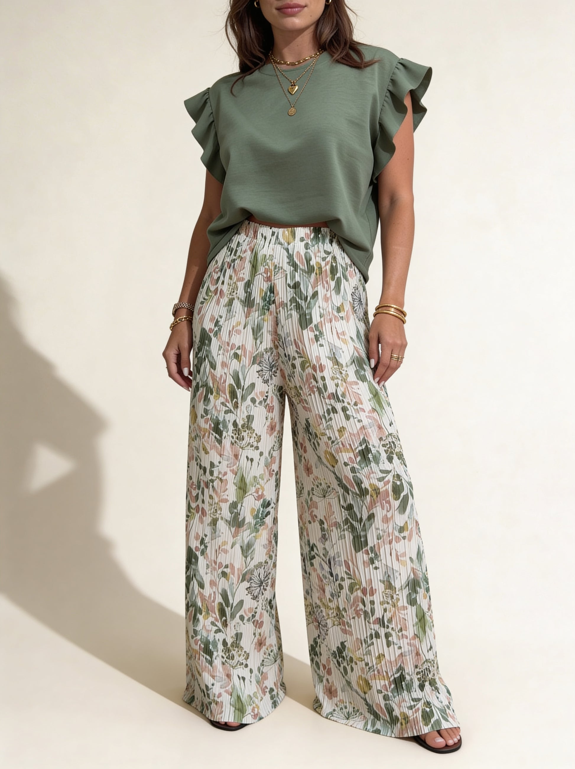 Plissee Hose mit Blumen Khaki