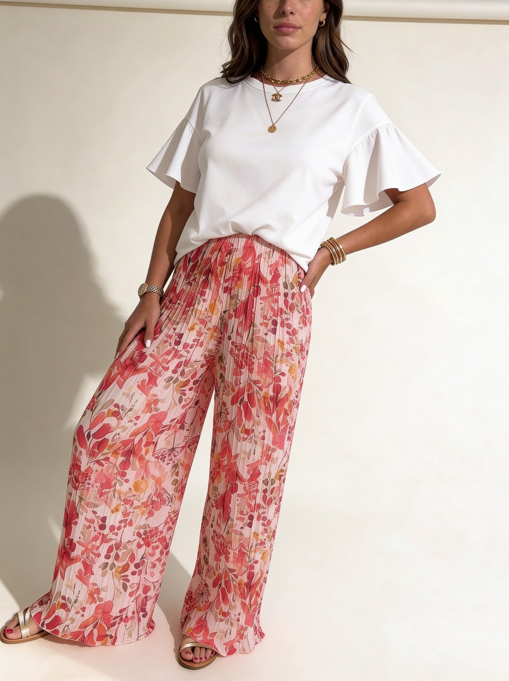 Plissee Hose mit Blumen fuchsia
