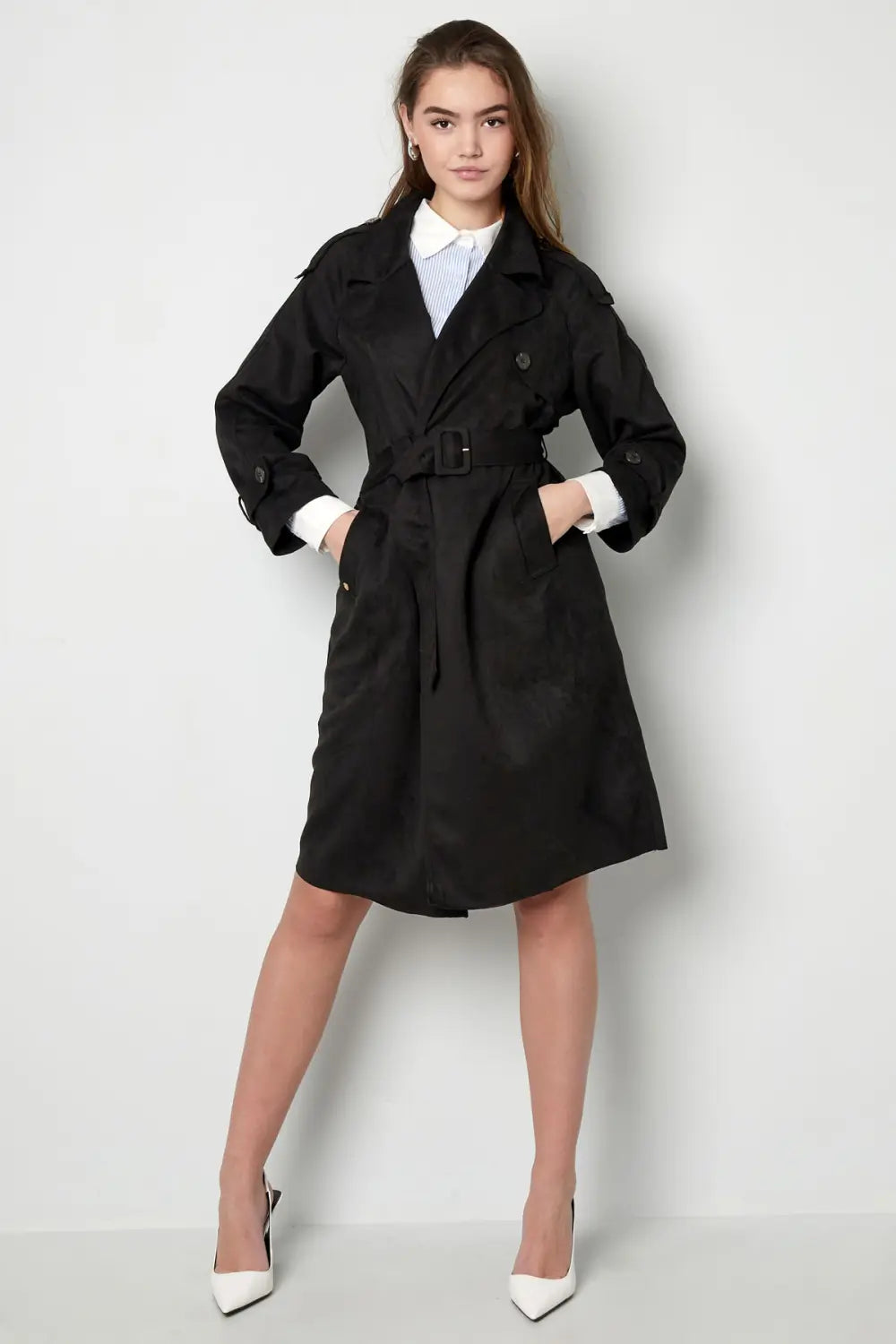 Wildlederoptik Trenchcoat schwarz