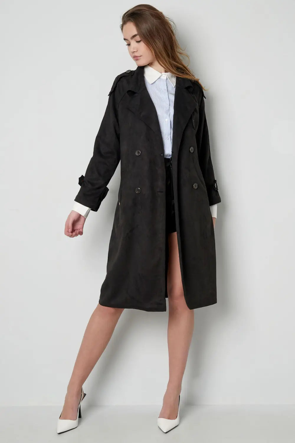 Wildlederoptik Trenchcoat schwarz