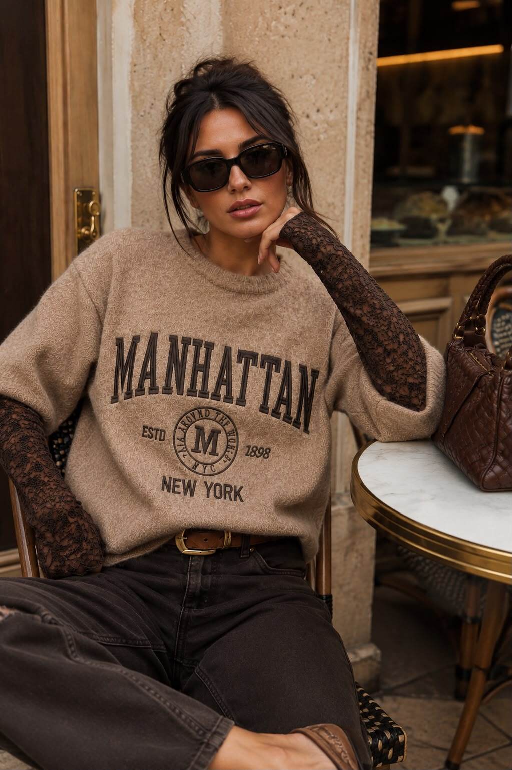 Pullover mit Spitzenärmeln taupe – Ansicht 3