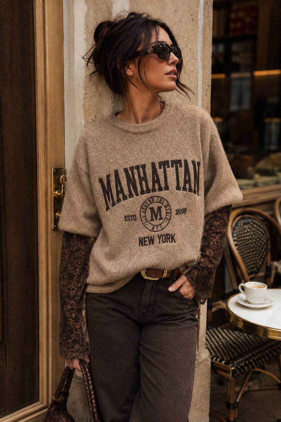 Pullover mit Spitzenärmeln taupe